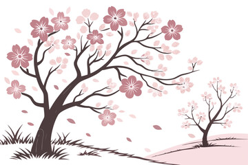 10 Cherry blossom trees, pink sakura flowers, spring bloom, delicate petals, botanical illustration, watercolor style, soft pastel colors, various tree shapes and sizes, white background, vector graph