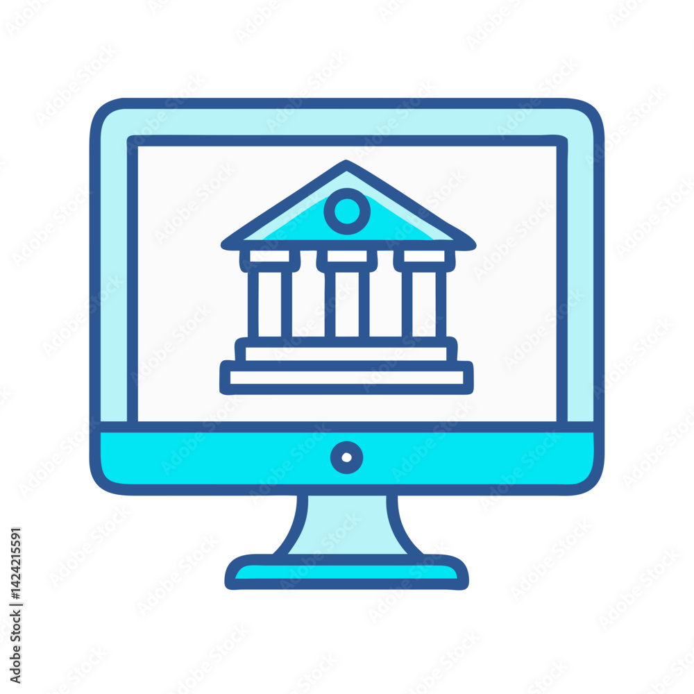 Poster online banking on monitor icon representing digital financial services and transactions