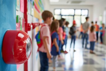 fire alarm on school wall with children participating in safety drill. scene captures importance of safety education in schools