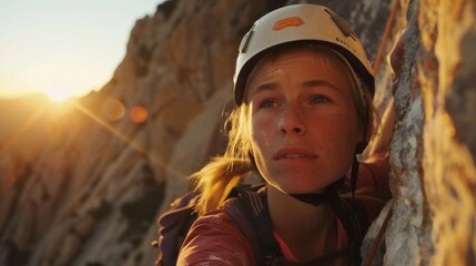 close-up female rock climber ascending cliff face at sunset