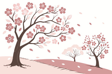 Fototapeta premium 10 Cherry blossom trees, pink sakura flowers, spring bloom, delicate petals, botanical illustration, watercolor style, soft pastel colors, various tree shapes and sizes, white background, vector graph