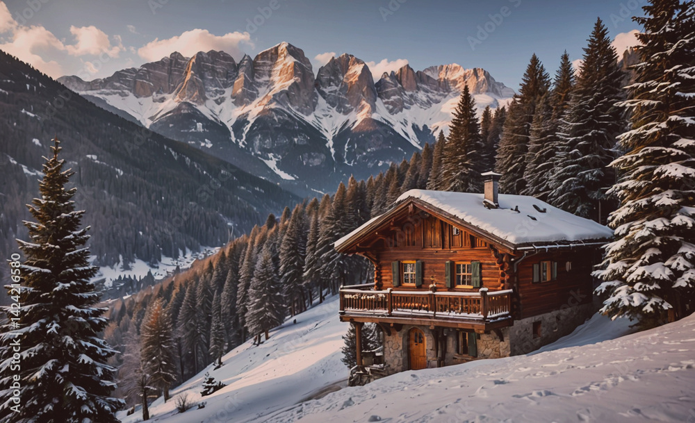 Poster cabin in the woods with a view of mountains. the cabin is surrounded by trees and snow