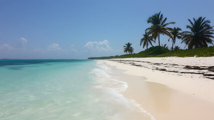 A pristine tropical beach with soft sand, palm trees swaying, and the clear turquoise water shimmering under the sun.
