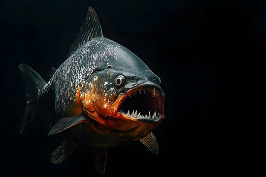 Close-up of a predatory pacu fish against a dark background.