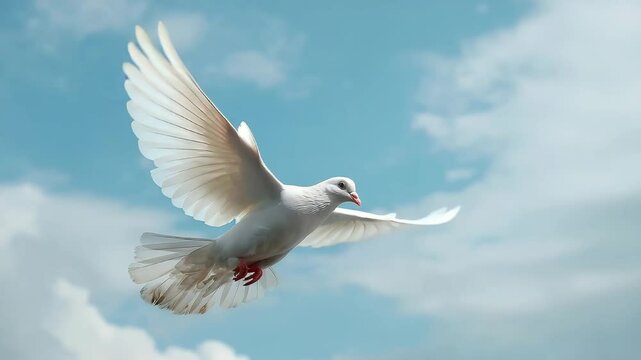Flying white dove on blue sky - religion symbol of god and holy spirit