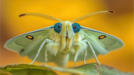 Close-up of a pale green moth with striking teal eyes, set against a vibrant golden-yellow backdrop