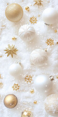 Elegant christmas ornaments on sparkling snow with golden stars and snowflakes a festive holiday display