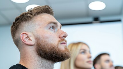 Fototapeta premium Close-up of a group of people attentively listening to a presentation or lecture. Focused individuals in a meeting space