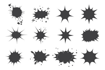 Comic burst explosion vector, comic boom elements, and speech bubbles in black silhouettes. Ideal for comic designs, pop art. © BK2003