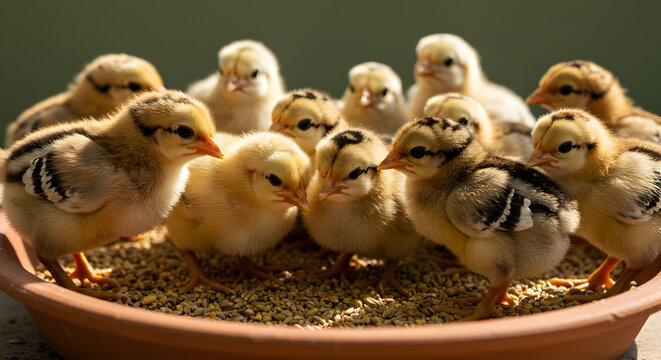 Charming Gathering Of Baby Chicks Eating in the Bowl Close Up