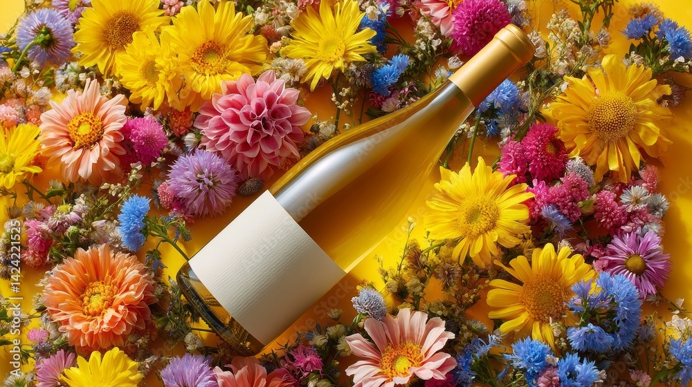 Poster a stunning display features a clear bottle of wine nestled among a lively mix of blooming flowers in