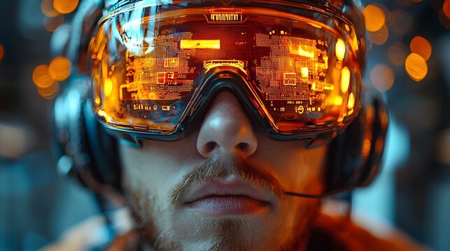 Futuristic engineer interacting with augmented reality interfaces in a cybernetic control room