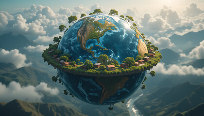 Naklejka premium aerial view of the world, World Fair Trade Day Celebration Featuring a Decorated Green Earth Symbolizing Sustainability, Environmental Responsibility, and the Global Impact of Fair Trade