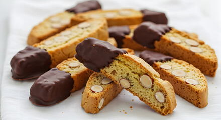 Delightful Biscotti With Almonds And Chocolate Presented On A White Background