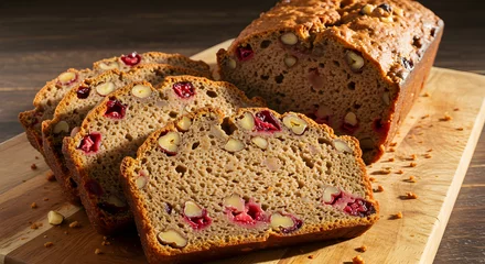 Fototapeten Delicious Homemade Cranberry Nut Bread Loaf Served On Wooden Board © DEWI