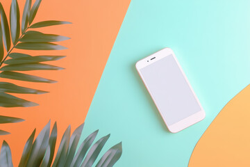 Smartphone on colorful geometric background with palm leaves creating a modern aesthetic