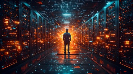 Futuristic data engineer standing in a high tech server room