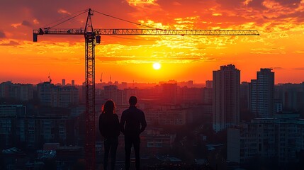 Silhouette of a Couple at Sunset Over a Cityscape with a Construction Crane