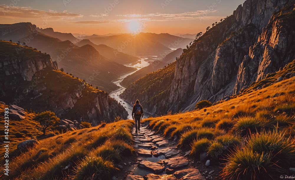 Aufkleber person is walking on a path in the mountains. the sun is setting, casting a warm glow over the lands