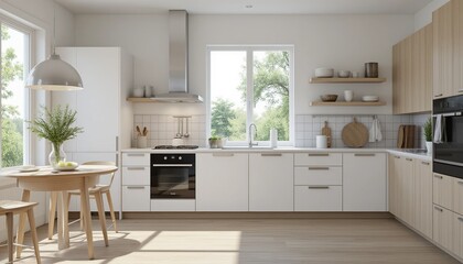 Fototapeta premium Bright kitchen with light wood floor, white cabinets, black oven, stainless hood, and round table with vase near a large window.