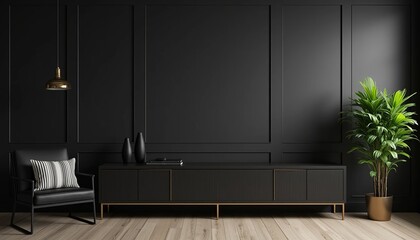 Sophisticated black interior featuring elegant furniture, a decorative plant, and a minimalist design. Light wooden floors.