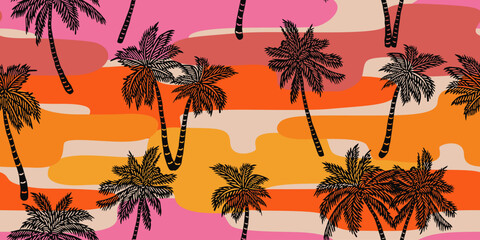 Tropical pattern with freehand drawn palm trees. Hawaiian summer background. Coconut tree print for fabric, textiles, packaging, cover, poster, banner, wallpaper, interior. Vector illustration. © Udomdech