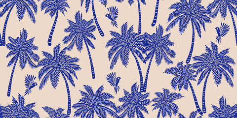 Tropical pattern with freehand drawn palm trees. Hawaiian summer background. Coconut tree print for fabric, textiles, packaging, cover, poster, banner, wallpaper, interior. Vector illustration. © Udomdech