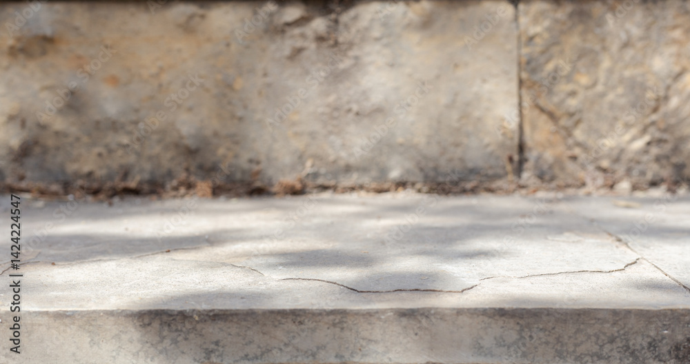Fototapete leaves and trees shadows in sunny day with sunlight on stone concrete surface podium table step mock up. Sunlight shadows highlights display design abstract empty place shelf and tabletop