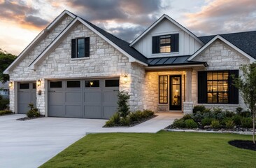 a beautiful two-story, pale gray stone and tan-colored house with a three-car garage in the suburbs