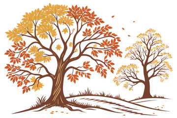 11 Autumn trees, golden yellow foliage, vibrant orange leaves, detailed branches, isolated on white background, digital illustration, vector art style, symmetrical composition, seasonal landscape, bot