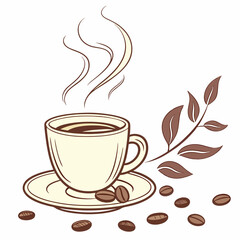 Cup Of Coffee With Coffee Beans And Branch Illustration On White Background