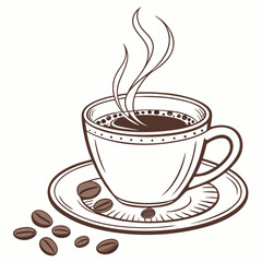 Elegant Coffee Cup Illustration With Steam And Scattered Beans On White