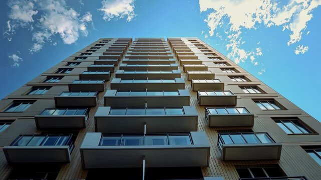 Skyscraper's Ascent: A soaring skyscraper pierces a vibrant blue sky dotted with fluffy clouds, its architecture a testament to human ambition and design.