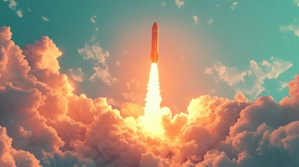 Fototapeta premium Fiery missile ascends through a vibrant sky of clouds.