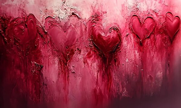 Red and pink hearts textured art. Romantic shades of love, abstract texture & colors