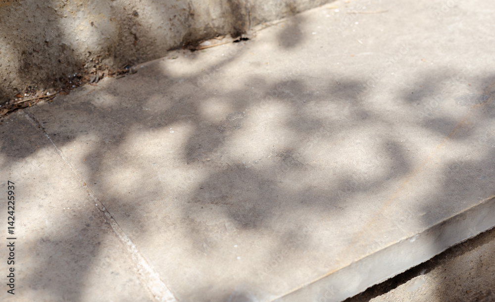 Aufkleber leaves and trees shadows in sunny day with sunlight on stone concrete surface podium table step mock up. Sunlight shadows highlights display design abstract empty place shelf and tabletop