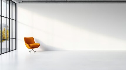 A modern orange armchair placed in an empty minimalist room with white walls and large windows, bright natural light, and contemporary interior design concept.