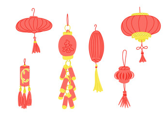 Hand drawn illustration of traditional Chinese lanterns in red and gold. Decorative festive design symbolizing celebration, luck, culture and Chinese New Year