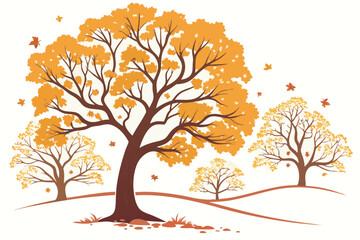 11 Autumn trees, golden yellow foliage, vibrant orange leaves, detailed branches, isolated on white background, digital illustration, vector art style, symmetrical composition, seasonal landscape, bot