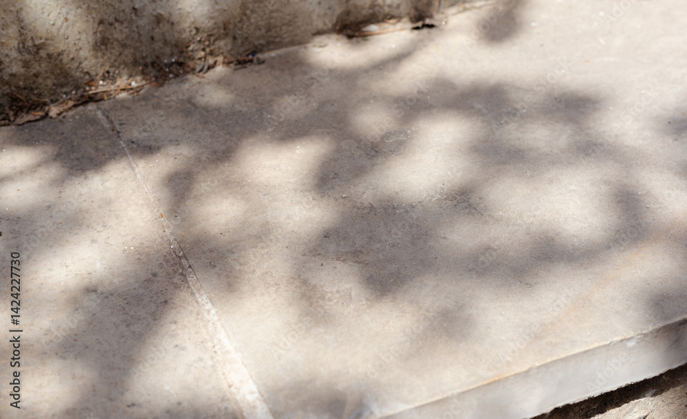 Aufkleber leaves and trees shadows in sunny day with sunlight on stone concrete surface podium table step mock up. Sunlight shadows highlights display design abstract empty place shelf and tabletop