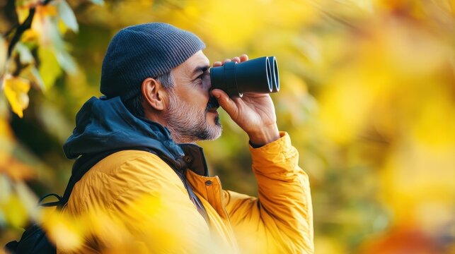 A man in a yellow jacket gazes through binoculars in autumn foliage.
