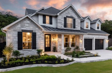 Fototapeta premium a beautiful two-story, pale gray stone and tan-colored house with a three-car garage in the suburbs