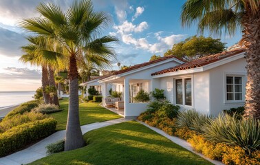 Fototapeta premium A group of white, modern Spanish-style bungalows with red tile roofs, surrounded by lush, green grass and yellow flowers