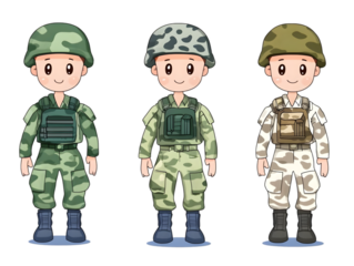 Three Soldiers In Camouflage Uniforms Isolated On Transparent Background Vector Illustration
