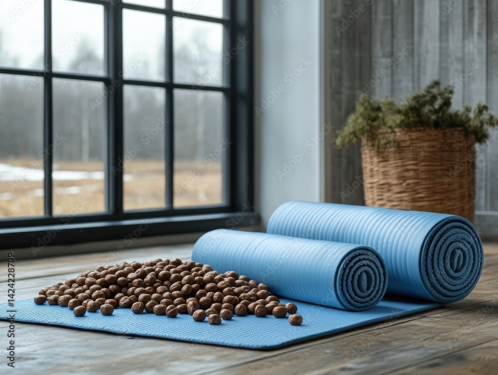 Poster A Yoga Mat Lying on a Wooden Floor in Front of a Window