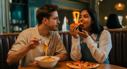Young couple enjoying pizza and pasta in cozy restaurant setting
