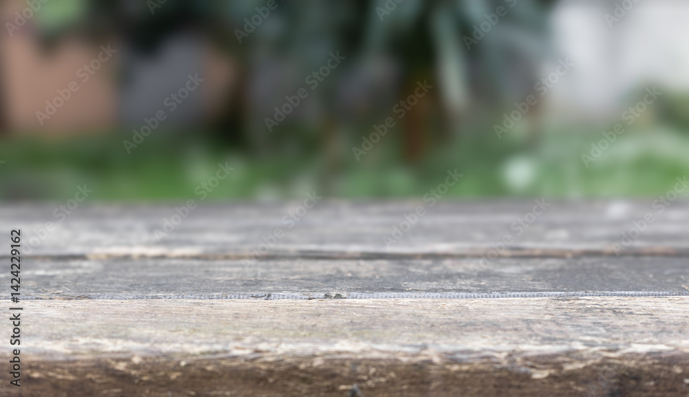 Poster Wooden table with blurred background copy space mock up. Empty table background. Wooden table planks surface display empty space s