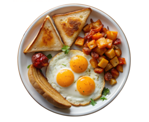top view Hearty breakfast plate with sunny side up eggs, bacon, toast, and hash browns arranged at a morning brunch café isolated on white transparent background