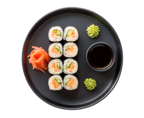 top view Traditional sushi rolls perfectly aligned on a sleek black plate with wasabi, ginger, and soy sauce in a sushi bar isolated on white transparent background