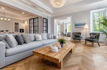 Fototapeta premium A spacious living room with white walls, parquet flooring in light wood tones, and an elegant chandelier hanging above the sofa.